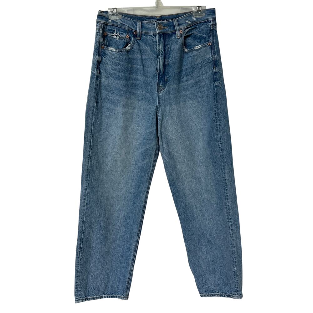 American Eagle Jeans Baggy Jean Medium Blue Distressed Women's Size 12S 12 Short